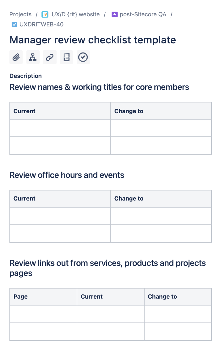 Jira ticket with columns laying out the current content side-by-side with space to request edits